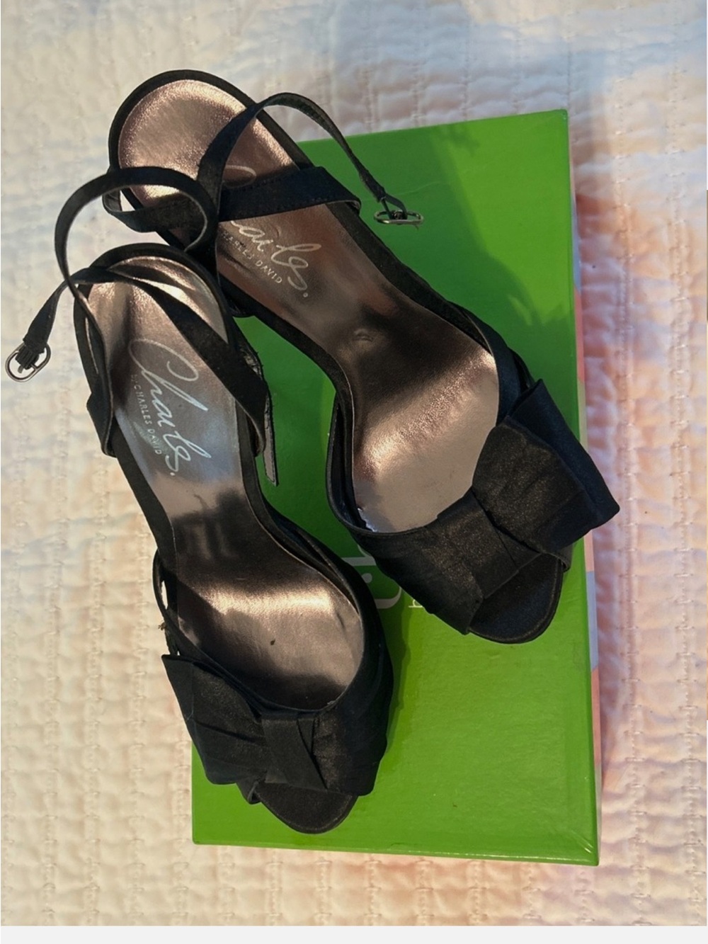 Charles David Black Satin Bow Peep-Toe Slingback Heels